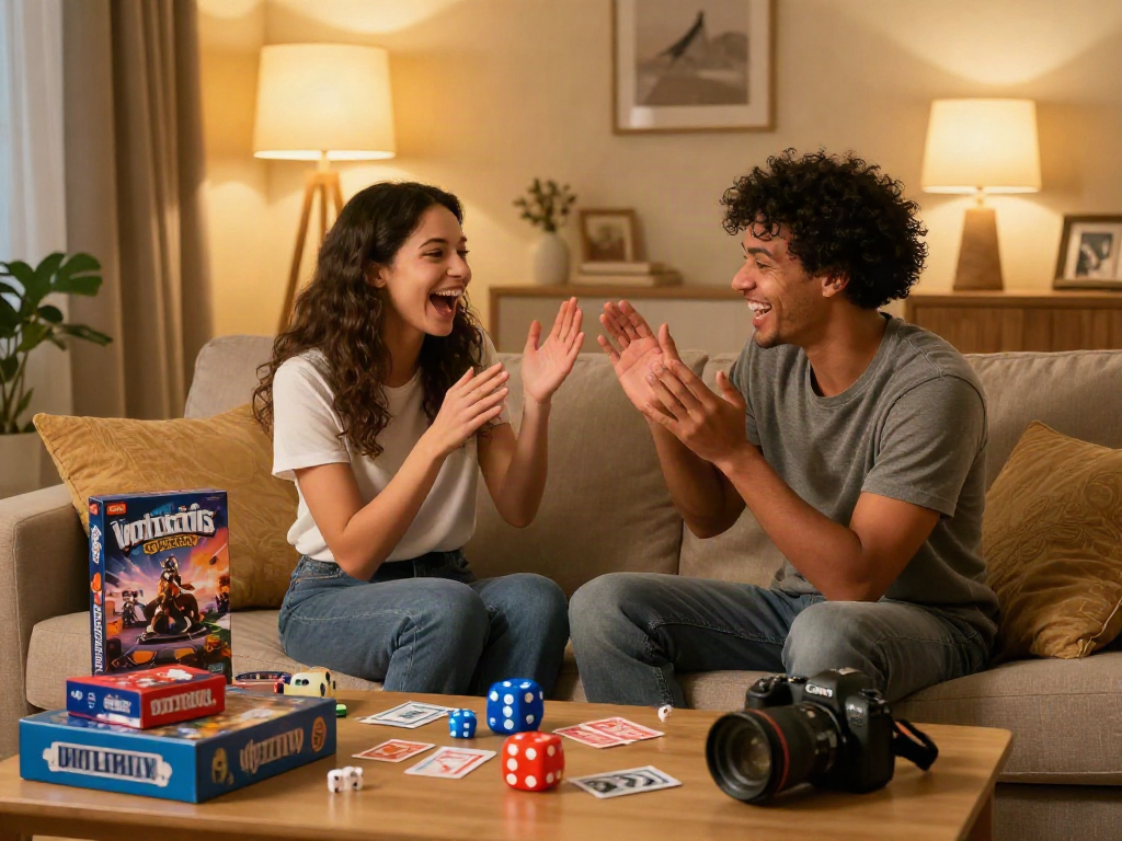 Couples playing sex games, enjoying intimate moments in a cozy living room.