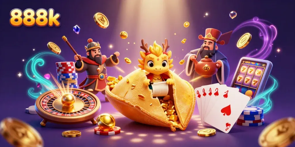 Gain insights from the 888k fortune cookie scene filled with casino elements.