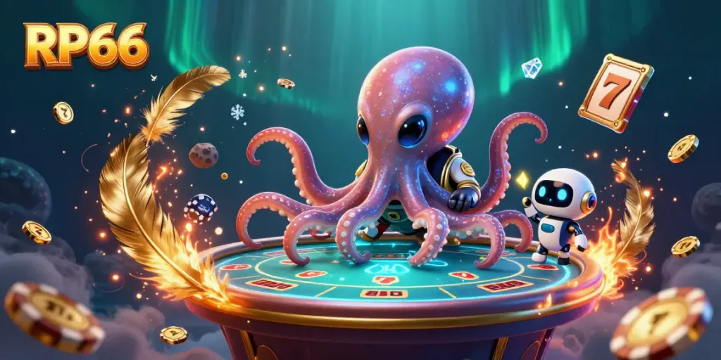 Join the thrilling gameplay at RP66 with an alien octopus dealer at a holographic poker table.