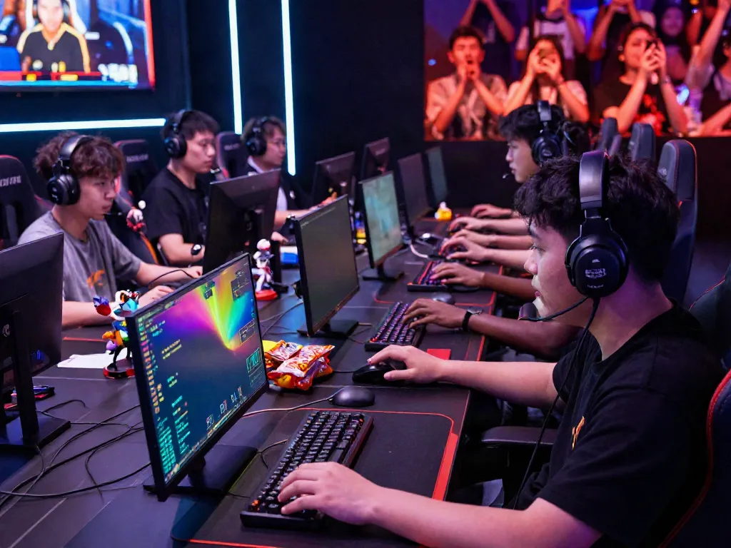 Diverse players intensely engaged in competitive online gaming on luxury111, showcasing vibrant screens and focused expressions.