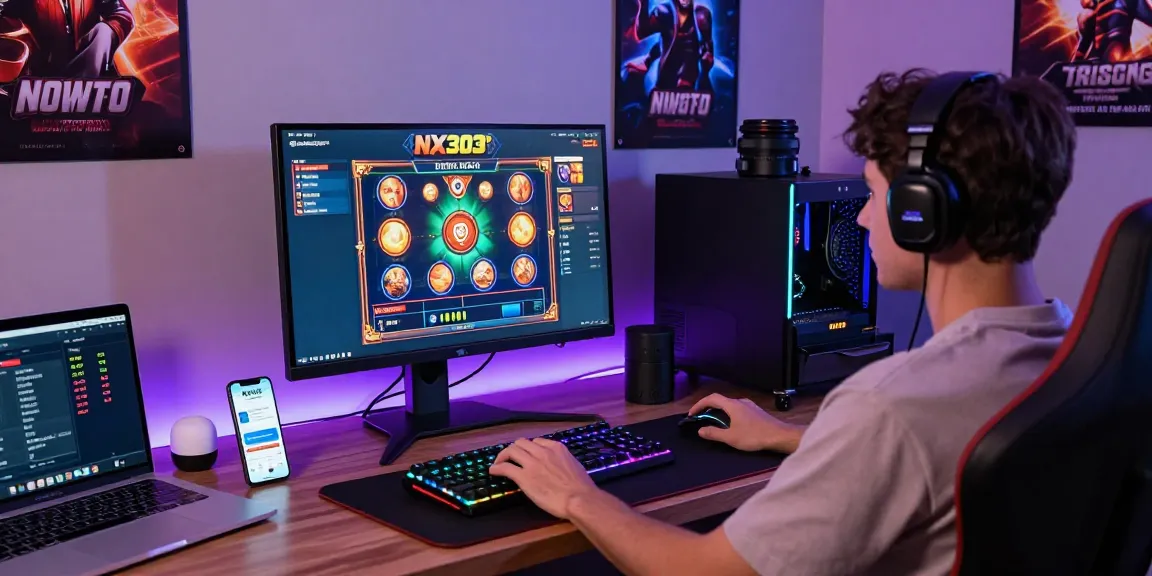 Engaging online gaming setup showcasing NX303 link alternatif on a vibrant desktop with gaming peripherals.