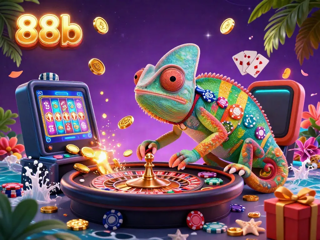 Engage with 88b's dynamic casino scene featuring a whimsical chameleon owner, vibrant game visuals, and golden coins.