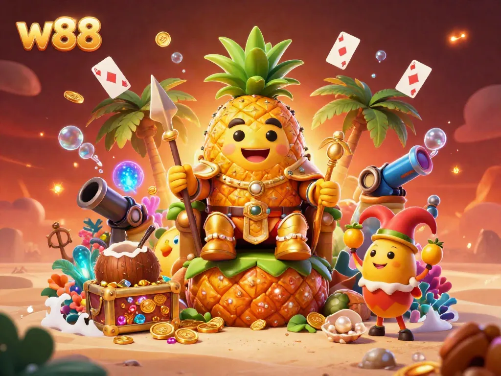 Play exciting games at w88 with the energetic golden pineapple king and underwater treasures in a vibrant casino.