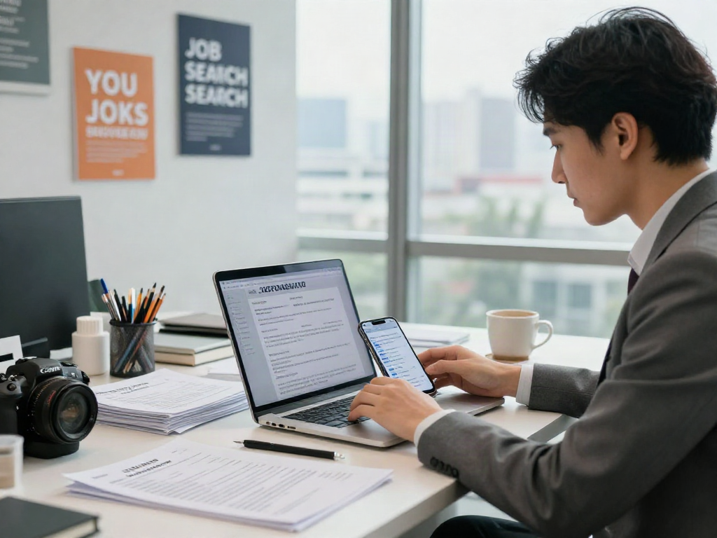 หางาน in a modern office setting with a job seeker reviewing listings.