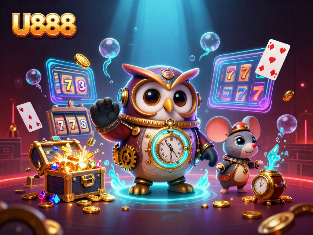 U888 players enjoy vibrant casino action with a time-traveling owl and a clockwork mouse amidst dazzling games.