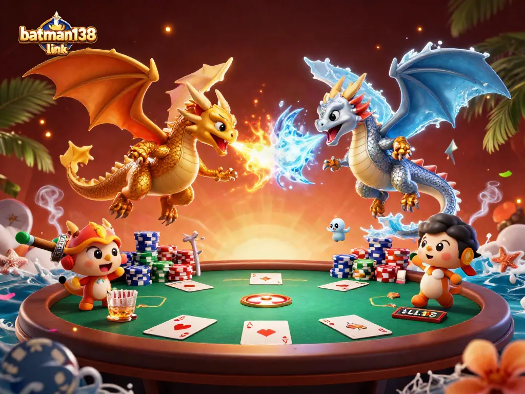 Experience excitement with batman138 link in a vibrant 3D cartoon casino scene featuring dragons and poker elements.