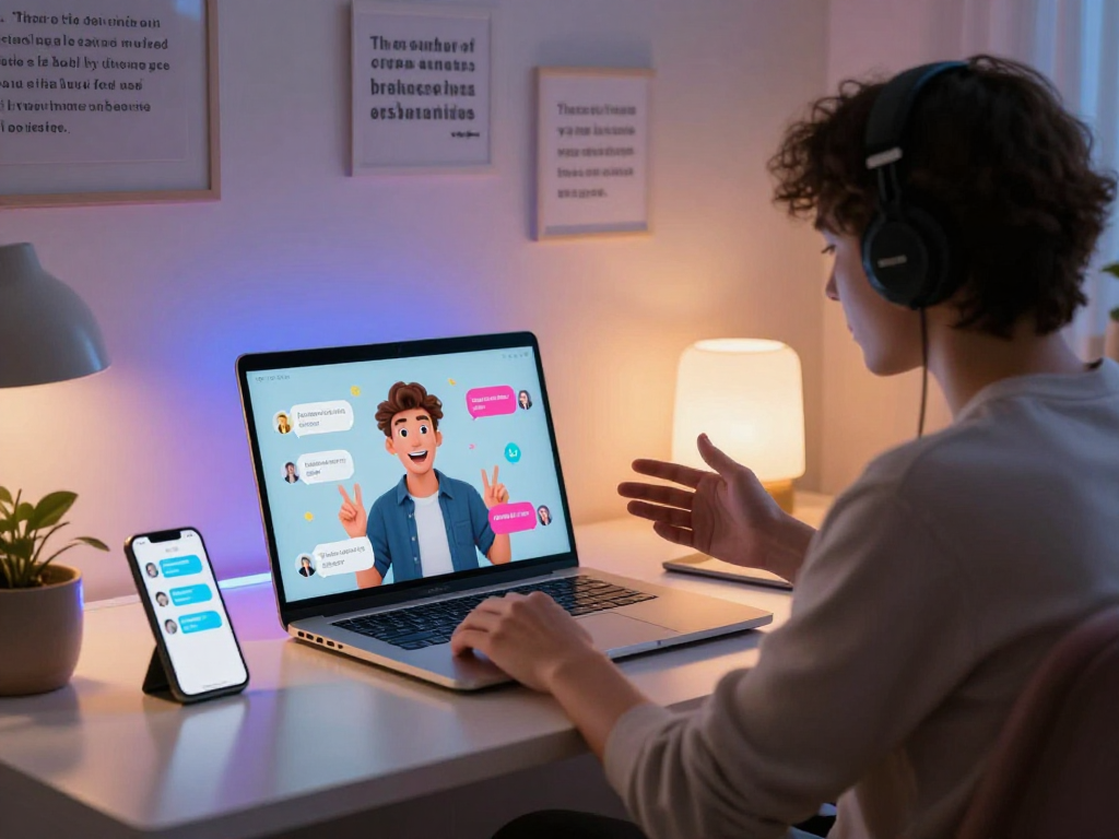 User engaged in porn ai chat on a laptop, showcasing a modern digital interaction with vibrant graphics.