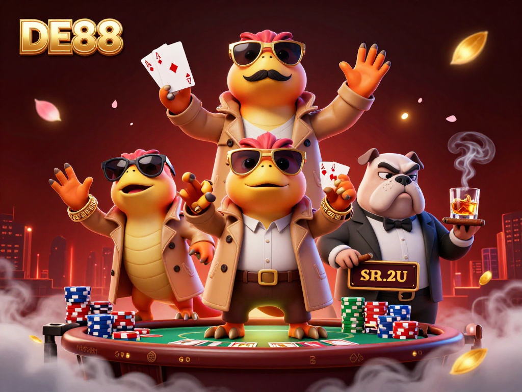 Experience the thrill of DE88 with three raptors in a trench coat entering a VIP casino, surrounded by poker elements.