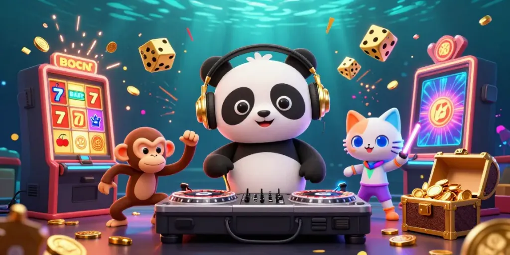 Experience the fun at ok win with DJ panda and playful characters in a vibrant casino scene.