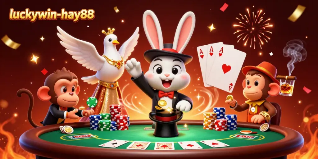 Engage in winning with luckywin-hay88 as a magician rabbit conjures coins, poker chips, and excitement.