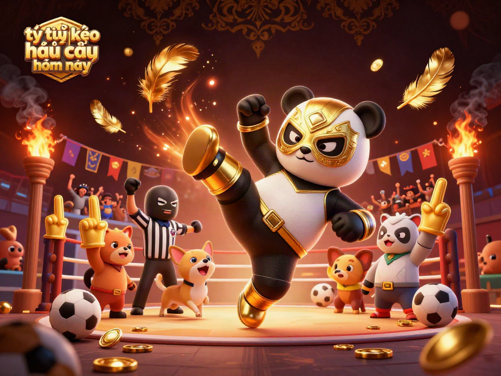 Tỷ lệ kèo nhà cái hôm nay showcases an energetic sports betting scene with exciting animal characters and vibrant elements.