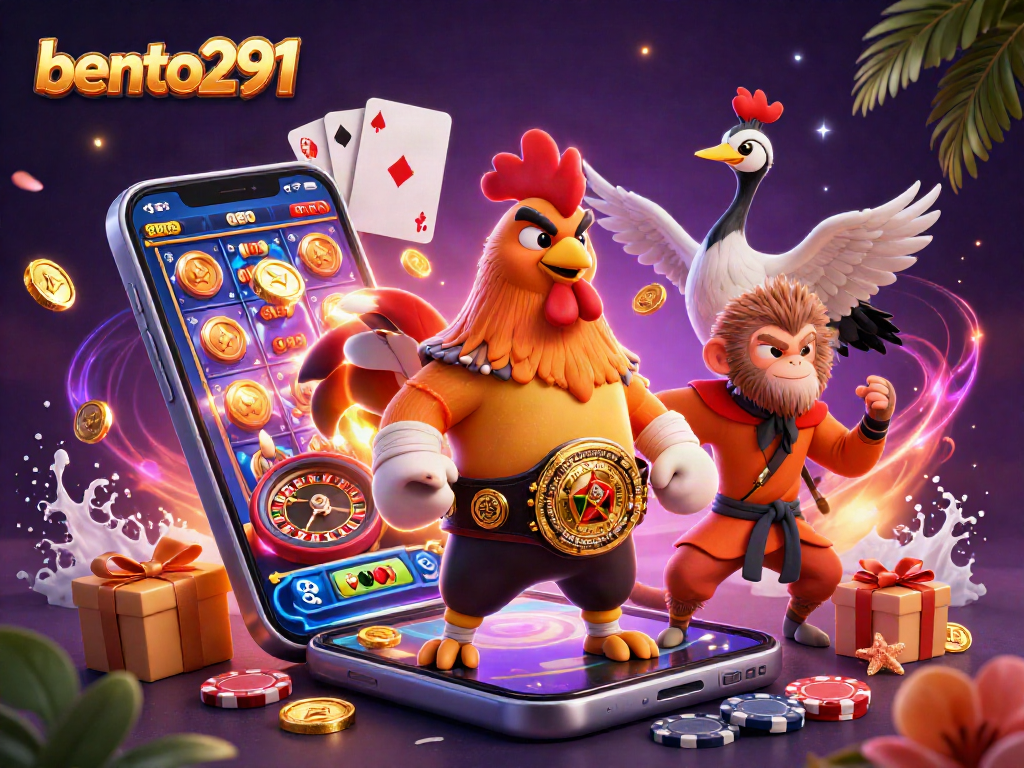 bento291 showcases a vibrant scene featuring a fierce Muay Thai rooster and a Shaolin monkey among slot game elements.