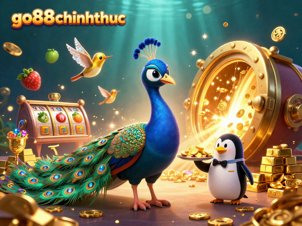 Engage players with go88chinhthuc in a vibrant 3D casino scene filled with slot reels and golden treasures