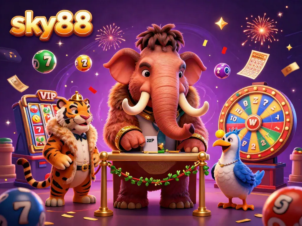 Engage in exhilarating games at sky88 with vibrant slot reels, a lively party atmosphere, and entertaining casino characters.