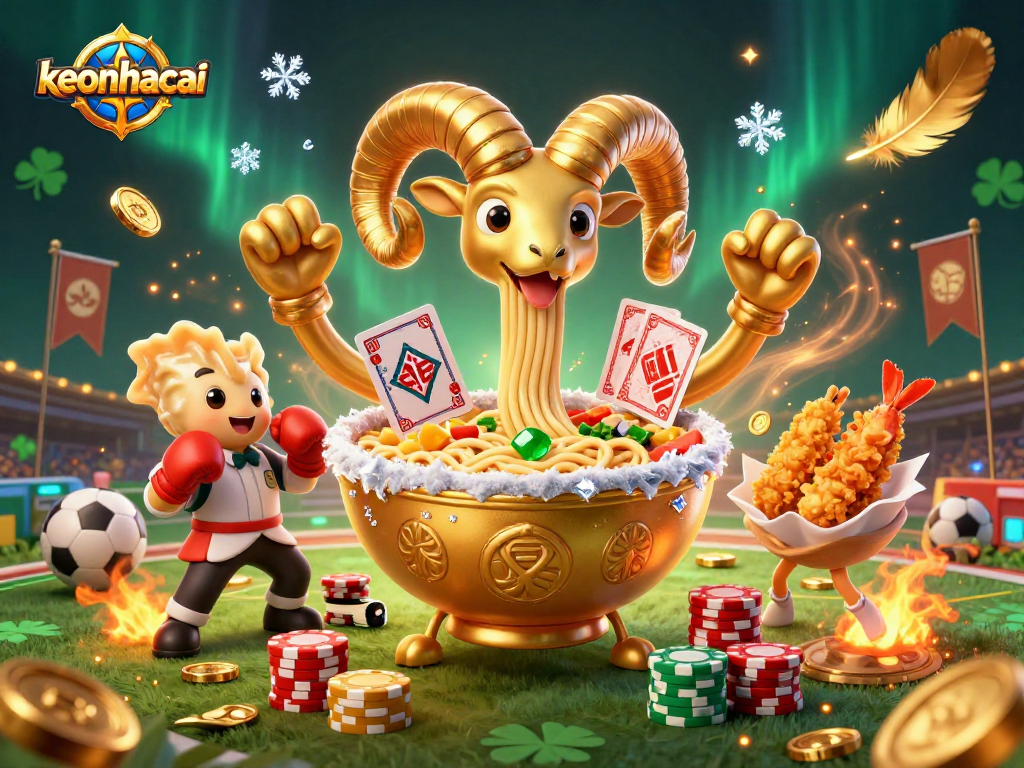 Engage with keonhacai as the giant ramen bowl deals cards in a vibrant sports betting arena.