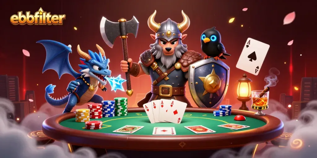 Join the thrilling action at ebbfilter with a Viking wolf warrior, fierce dragon, and glowing raven in a vibrant casino scene.