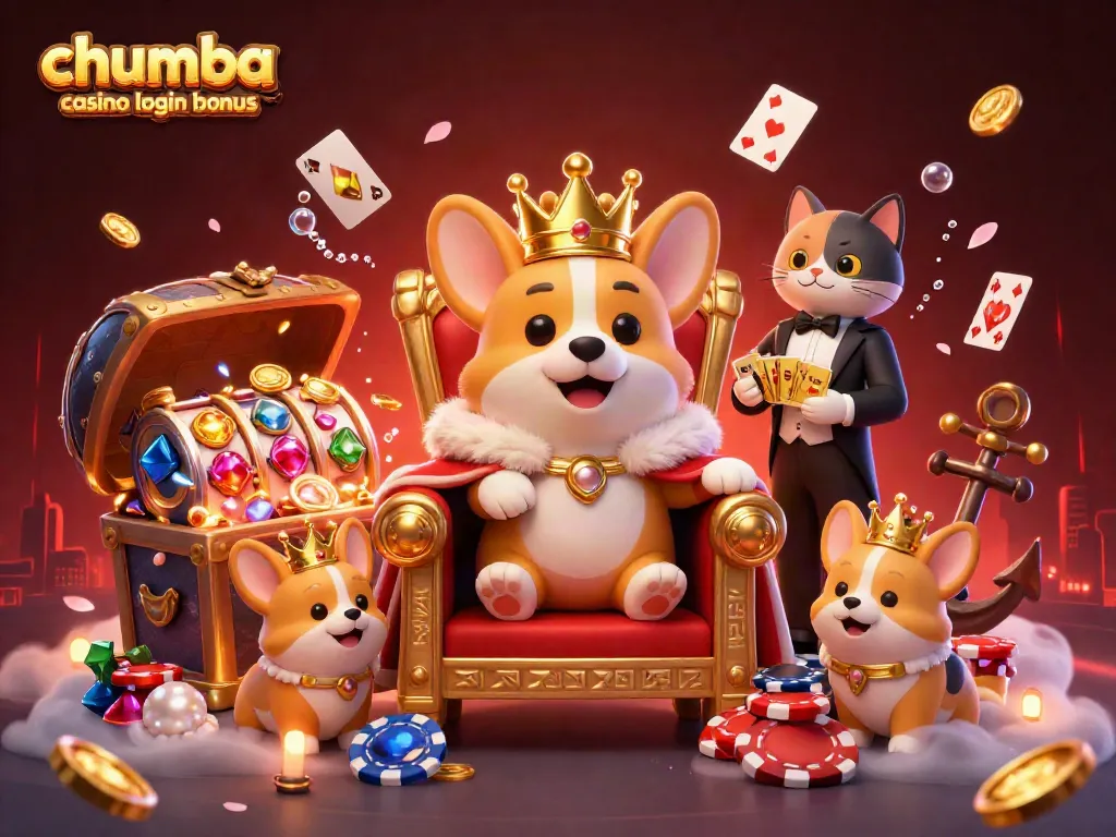 Engage with Chumba Casino login bonus, featuring a royal corgi with poker chips and gaming elements in a festive setting.