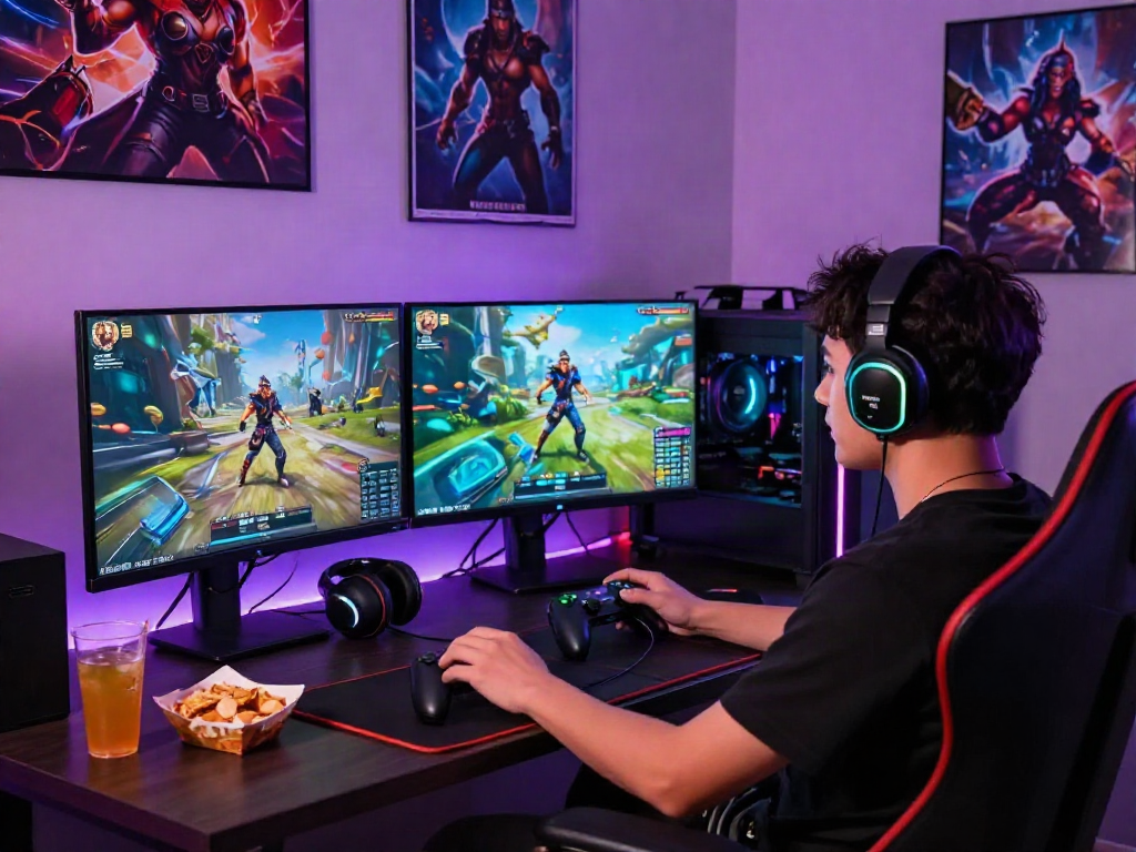 Gamer enjoying a porn game on high-end PC setup with immersive graphics and snacks.