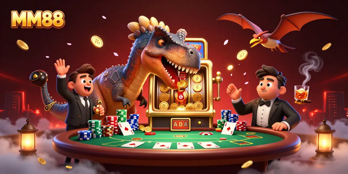 MM88 features a pachycephalosaurus winning coins from a slot machine amidst a vibrant casino scene.