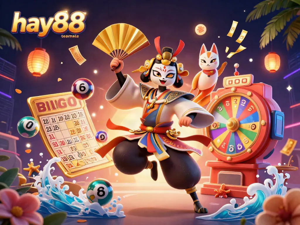 Engage with hay88-teamala's vibrant lottery scene featuring a kabuki warrior, a kitsune mask, and dynamic gambling elements.