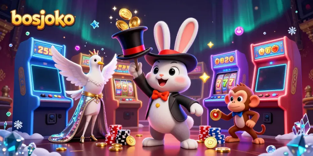 Experience winning with bosjoko's vibrant casino magic, featuring a magician rabbit and gleaming coins.