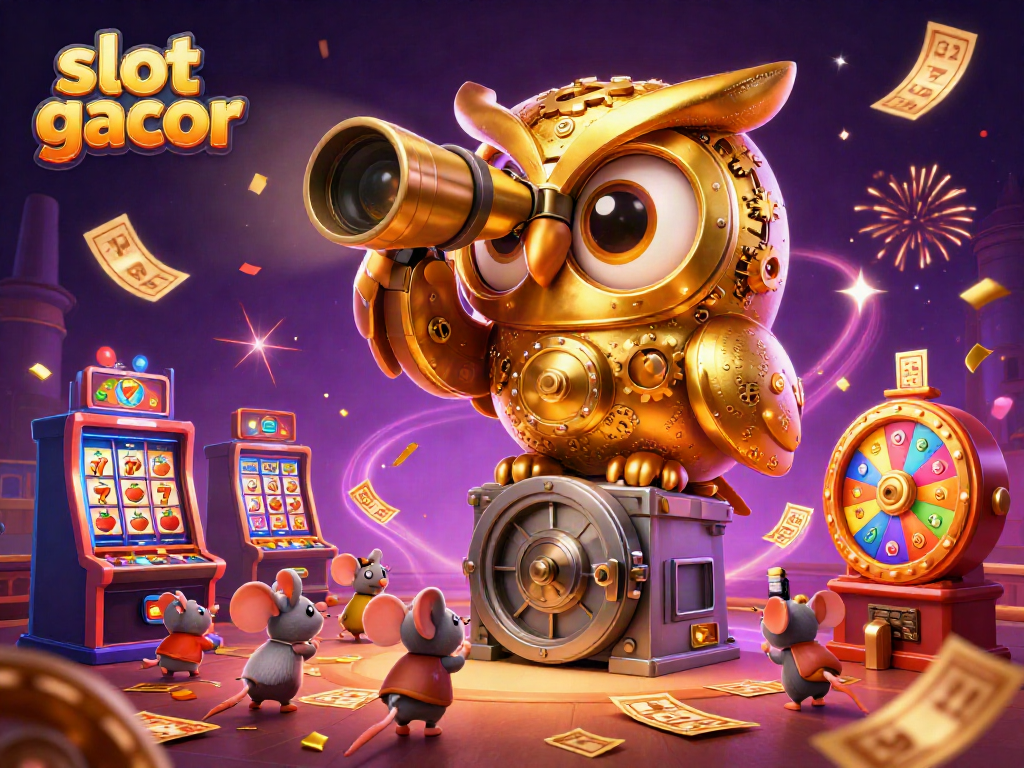 Engage with slot gacor action featuring a vibrant scene with a golden owl and casino elements.