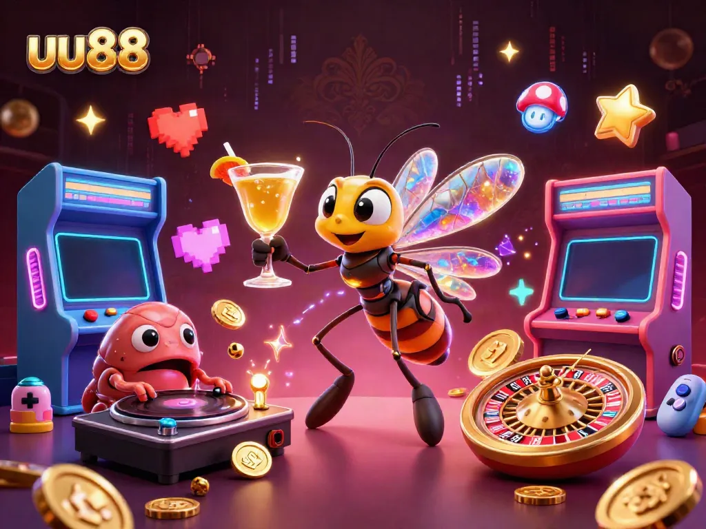 Experience the excitement of uu888 with a lively casino-themed 3D illustration showcasing a unique frozen mosquito mascot and dynamic gaming elements.