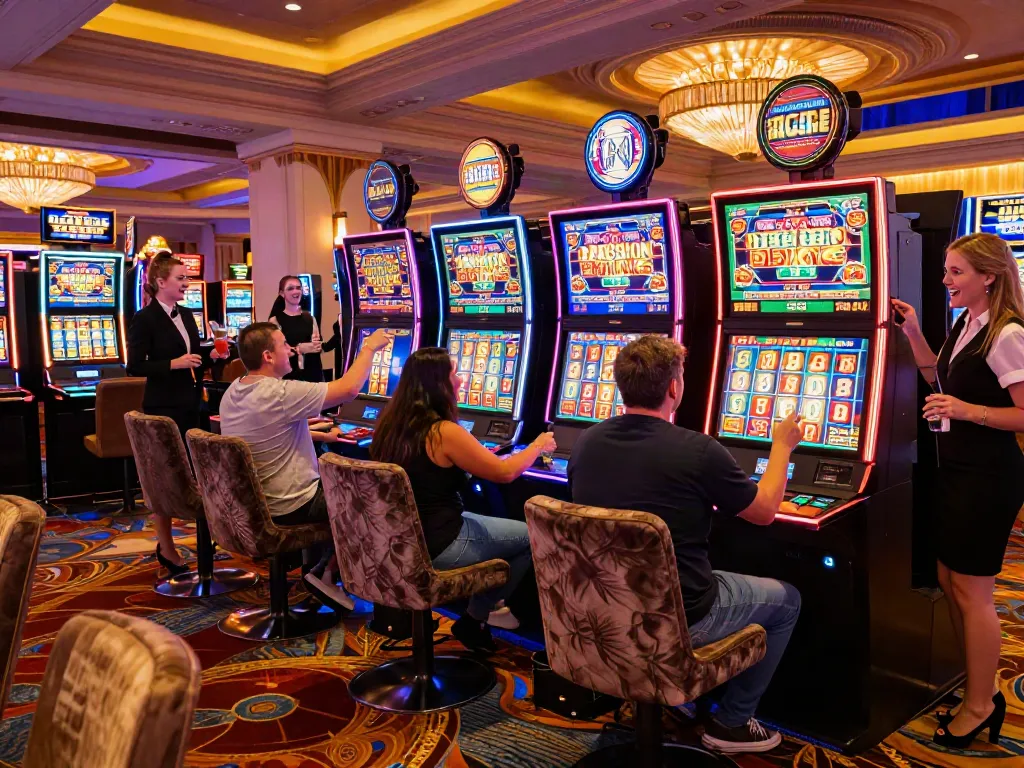 Lucky777 gaming enthusiasts enjoying a lively casino slot machine experience.