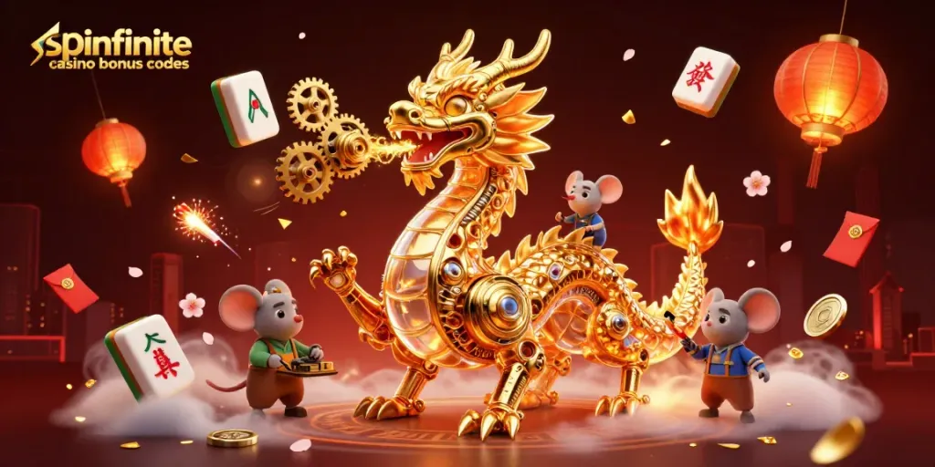 Engage with spinfinite casino bonus codes while experiencing golden dragons and festive elements in this vibrant casino scene.