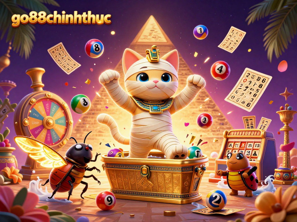 Experience thrilling moments with go88chinhthuc as the mummy cat emerges in a vibrant casino scene.