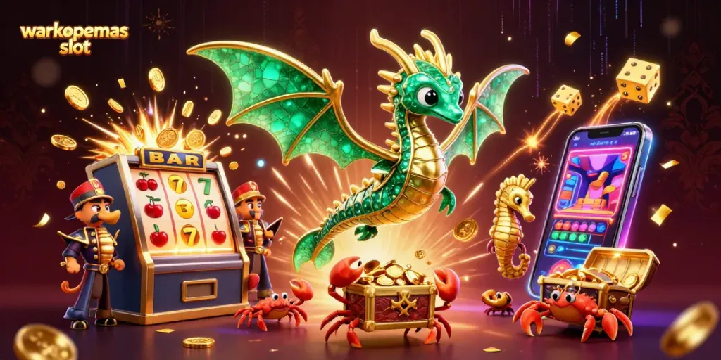 Menang besar dengan warkopemas slot, ilustrasi 3D menampilkan mesin slot dan simbol keberuntungan.