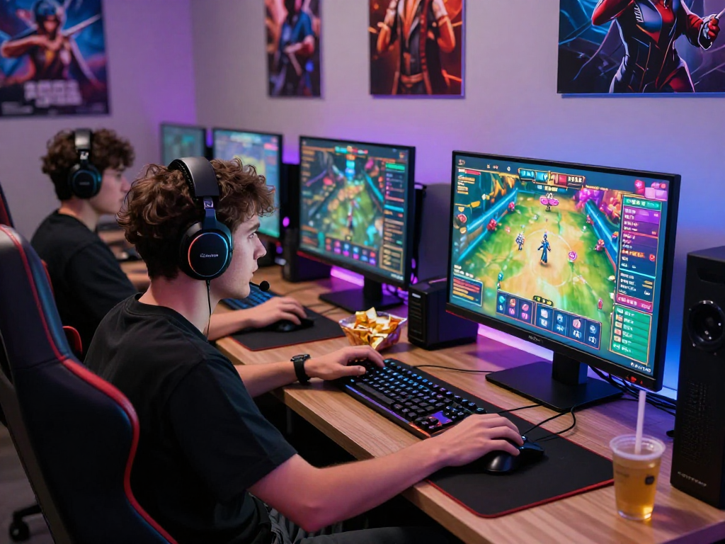 Gamer fokus bermain bos88 di ruang gaming modern dengan perangkat canggih.