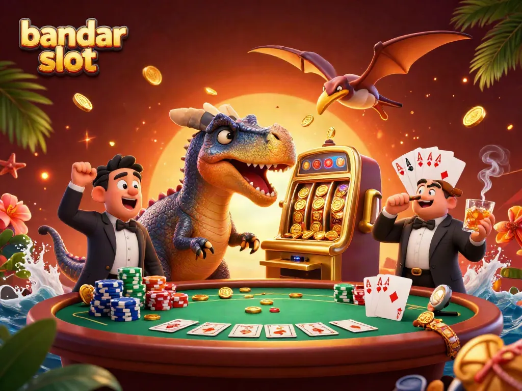 Bandar slot menampilkan dinosaurus kartun yang memukul mesin slot emas untuk memenangkan koin jackpot.