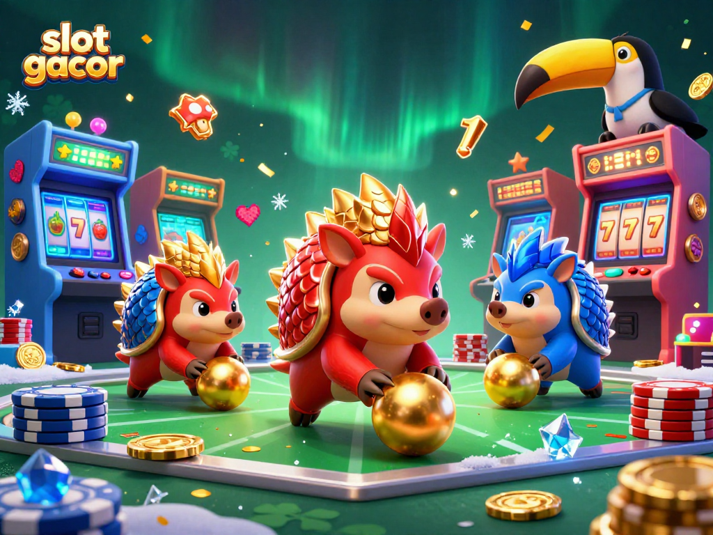 Rivalked pangolin bermain "slot gacor" dengan mesin slot di sekelilingnya, suasana kasino menggembirakan.