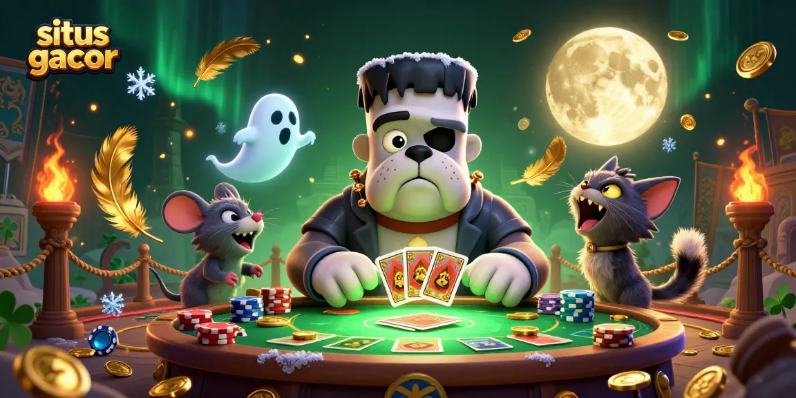 Gambar situs gacor dengan monster bulldog Frankenstein dan anak kucing werewolf bermain kartu di meja hijau terang.