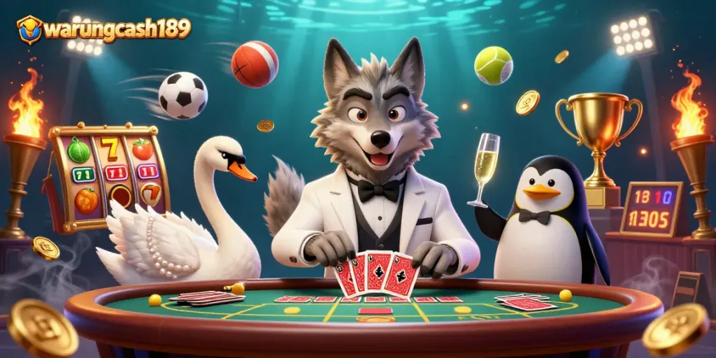 Action-packed illustration showcasing warungcash189 with a debonair wolf, elegant swan, and penguin sommelier amid vibrant gambling elements.