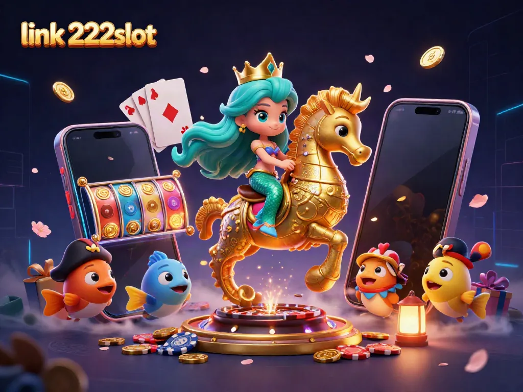 Raih kemenangan dengan link 222slot, ilustrasi kasino yang menampilkan putri duyung dan elemen slot.