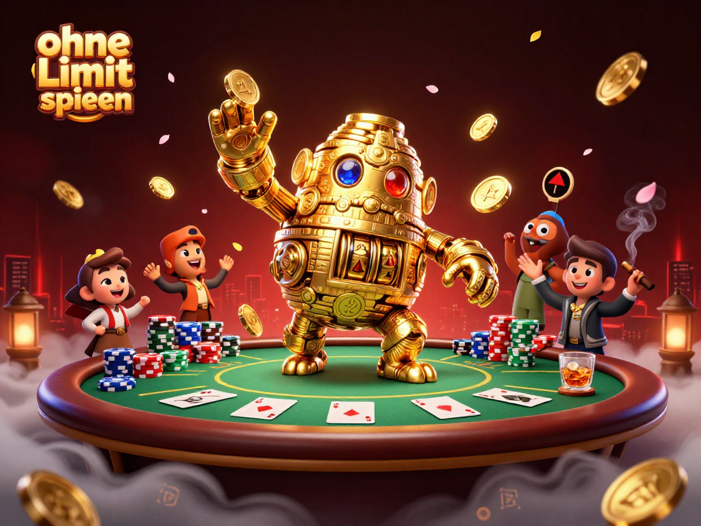Engage in thrilling games ohne Limit spielen with the golden golem surrounded by poker elements.