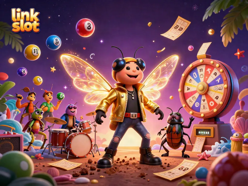 Engaging 3D scene showcasing link slot excitement with dynamic lottery elements and vibrant characters