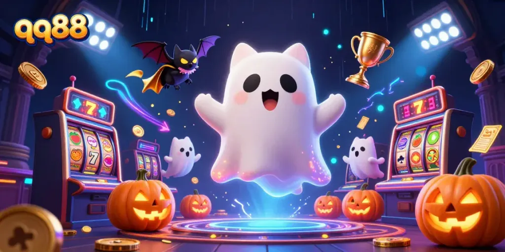 Experience thrilling action in qq88 casino with a ghost cat and illuminated jackpot symbols.