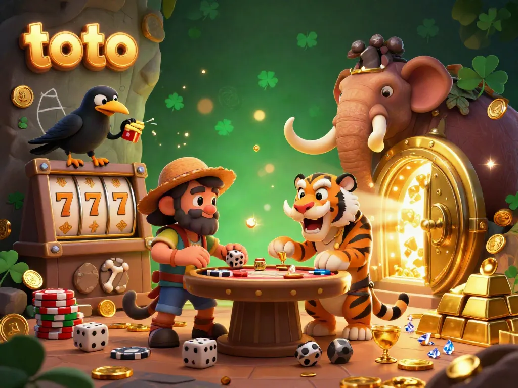 Toto-themed prehistoric casino scene with characters and engaging gambling elements, showcasing lively gameplay.