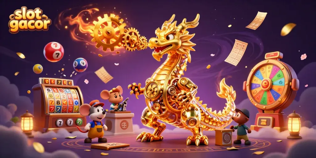 Slot gacor memicu jackpot dengan naga luar biasa dan bola lotere berwarna-warni.