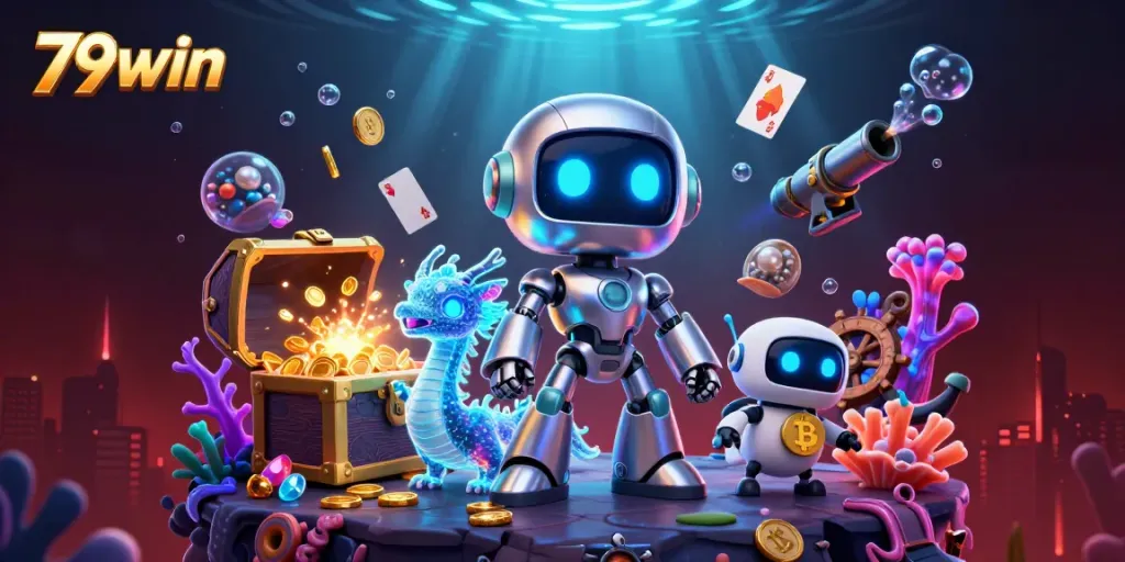 Experience gaming excitement with 79win, featuring vivid cyberpunk elements and underwater treasures.