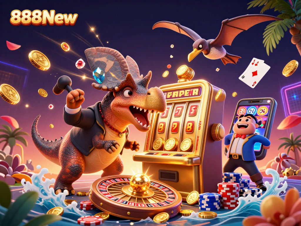 Engage with 888New as a dinosaur celebrates jackpot wins amidst cascading coins in a vibrant casino scene.