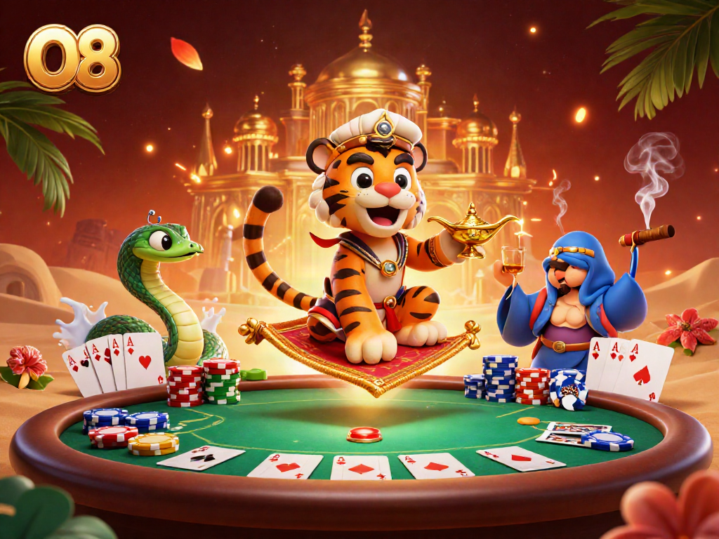 Experience the thrill of O8 with a vibrant 3D casino scene featuring poker elements and magical characters.