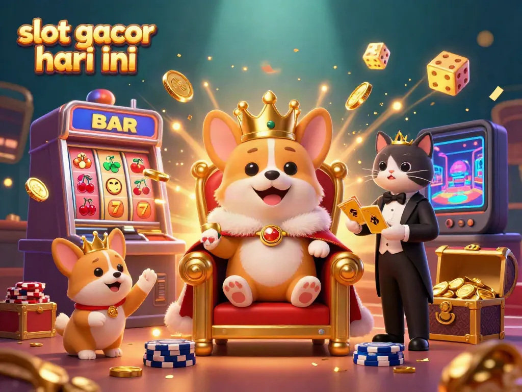 Slot gacor hari ini dengan corgi raja dan mesin slot yang memancar jackpot, meriah dan menarik.