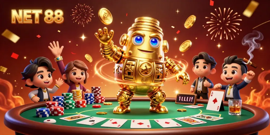 Engage with NET 88's thrilling casino features in an immersive 3D illustration.