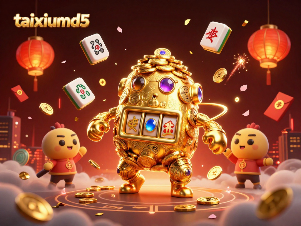 Experience taixiumd5 with a vibrant casino scene, featuring gold coins, colorful elements, and animated characters.