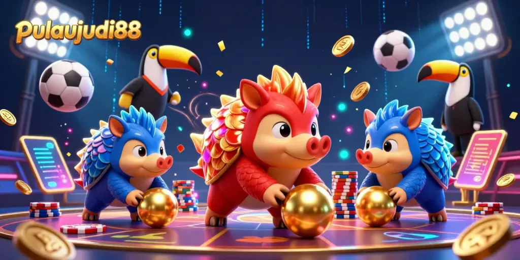Pulaujudi88 menampilkan dua pangolin berlawanan di kasino, menggulung bola emas dan chip poker.