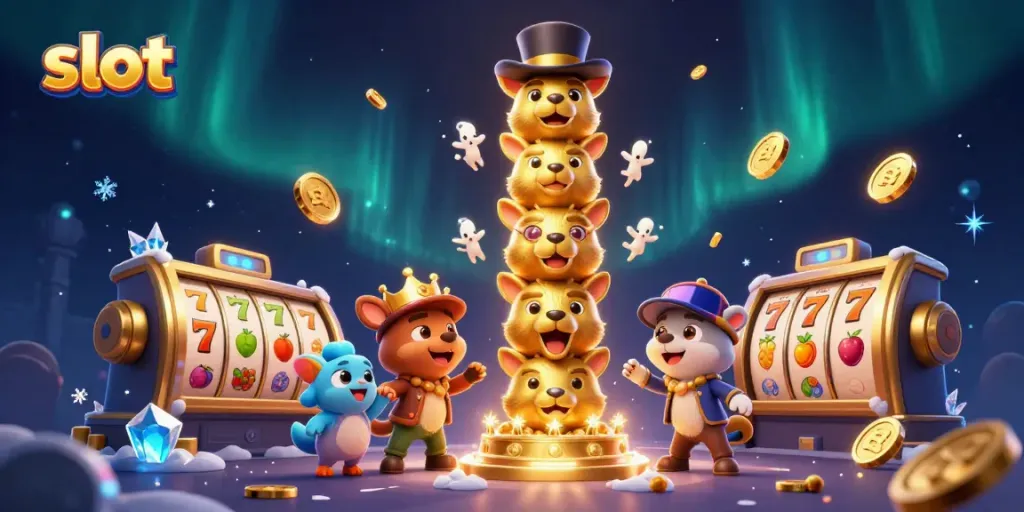 Engaging slot themed illustration featuring a golden totem surrounded by dynamic slot reels and animated coins.